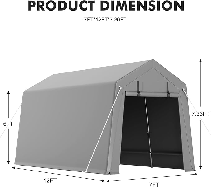 GarveeLife 7 x 12 ft Carport Storage Shed, Portable Garage with Roll-up Zipper Door, Heavy Duty Waterproof Tarp, Storage for Motorcycle, Bike, Firewood, Garden Tools
