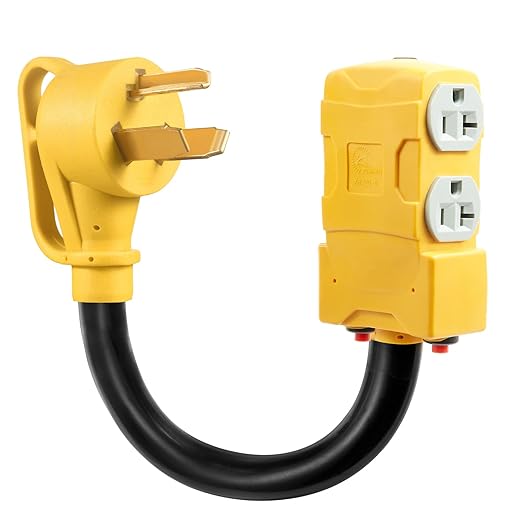 30 Amp to 20 Amp 110V RV Distribution Adapter,NEMA 10-30P to NEMA 4X 5-20R/ 5-15R RV 3Prong to Mutiple Household Outlet w/ 20Amp Circuit Breaker RV Generator Distribution Cord 1FT