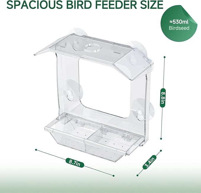 Window Bird Feeder with 4 Extra Strong Suction Cups, Clear Bird Feeder for Outdoor with Dual Seed Tray, Easy to Install & Clean, Durable Wild Birdfeeder Perfect for Garden Home Bird Viewing