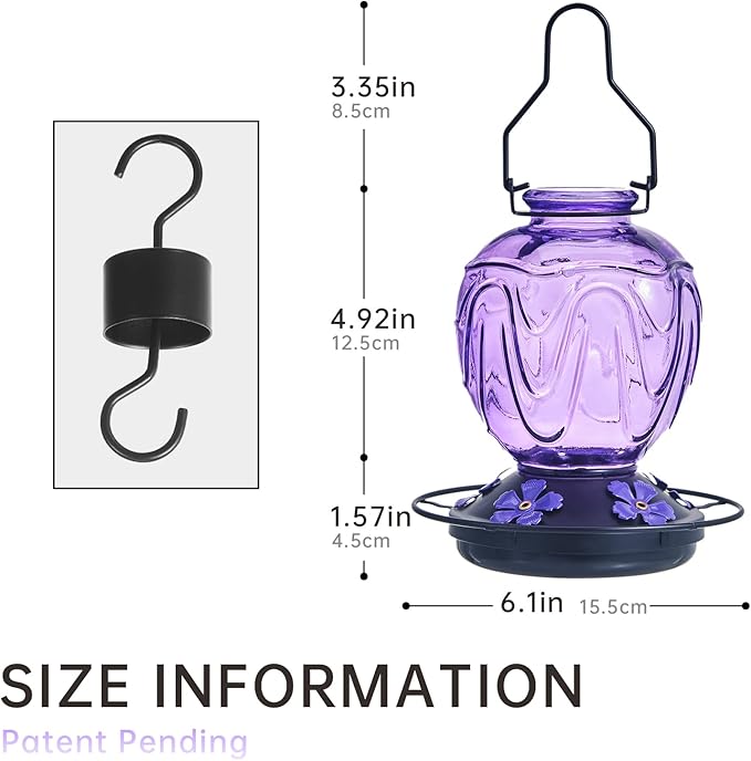 2 Pack Glass Hummingbird Feeder for Outdoors Hanging, 24Ozs Humming Bird Nectar Feeder w/Perch, 5 Flower Feeding Ports, Leak Proof Base and Hook for Outside Garden Backyard Decor, Purple