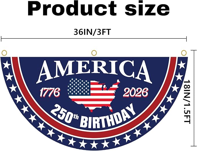 WENWELL 250 year anniversary Birthday Bunting Flag, 1776-2026 Commemorative Patriotic Fan Banner, 1.5x3 FT with Brass Grommets 2 Pack