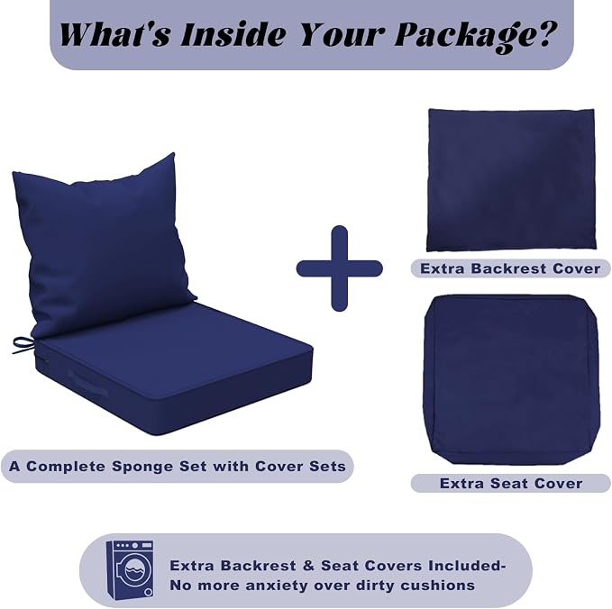 Patio Chair Cushions with Two Replaceable Cover Sets 24x24 Inch, Waterproof Fade Resistant Outdoor Cushions for Patio Furniture, Edge Binding Design with Handle, Adjustable Straps & Hidden Zipper