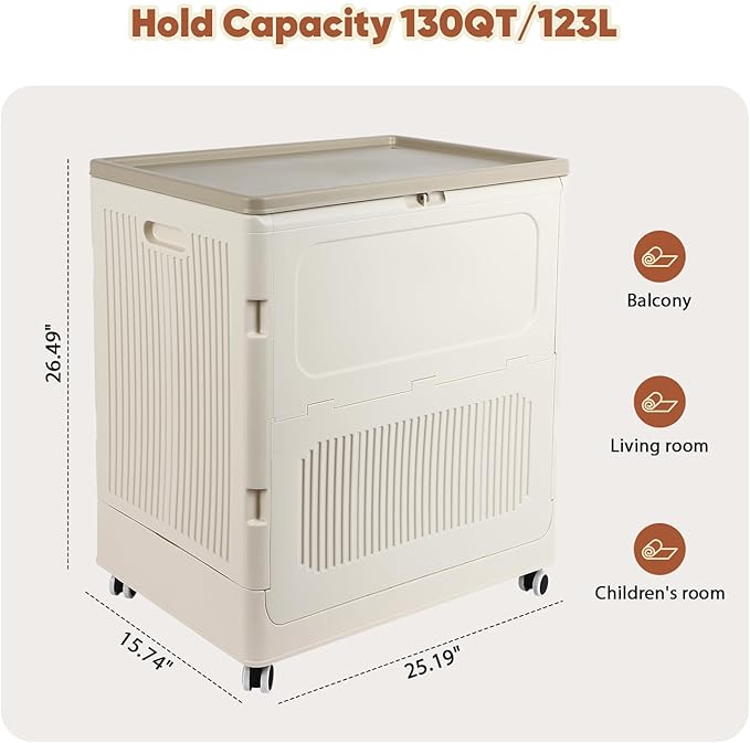 FAHKNS 123L Collapsible Storage Bin with Lid, Folding Storage Container and Install-Free Closet Organizer with Wheels for Laundry Room, Garden and Home