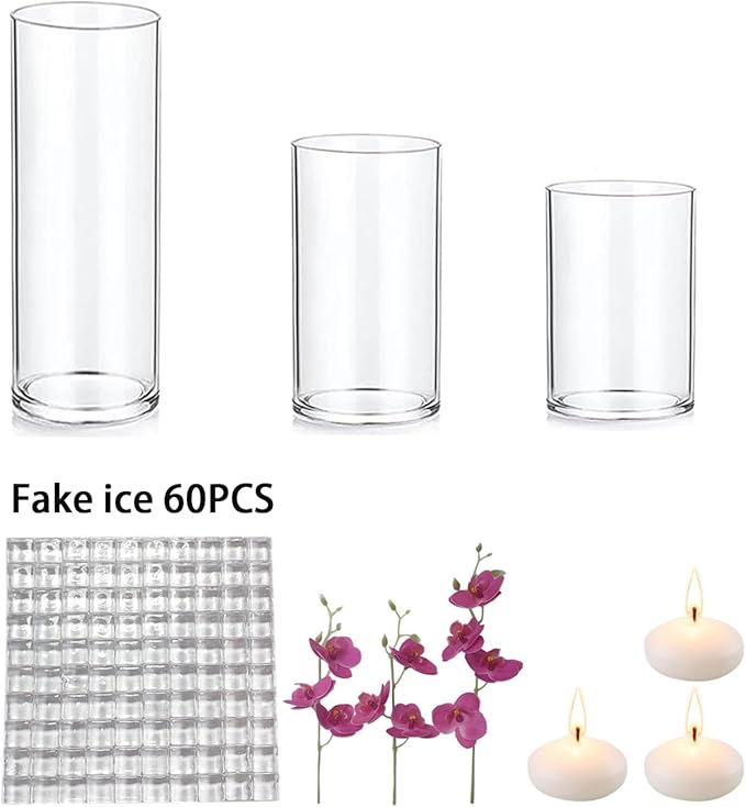 Floating Flower for Table Centerpiece Artificial Light Purple Orchid Glass Cylinder Vase Set with Floating Candles Fake Ice Cubes for Wedding Party Home Bar Restaurant Festival Decoration