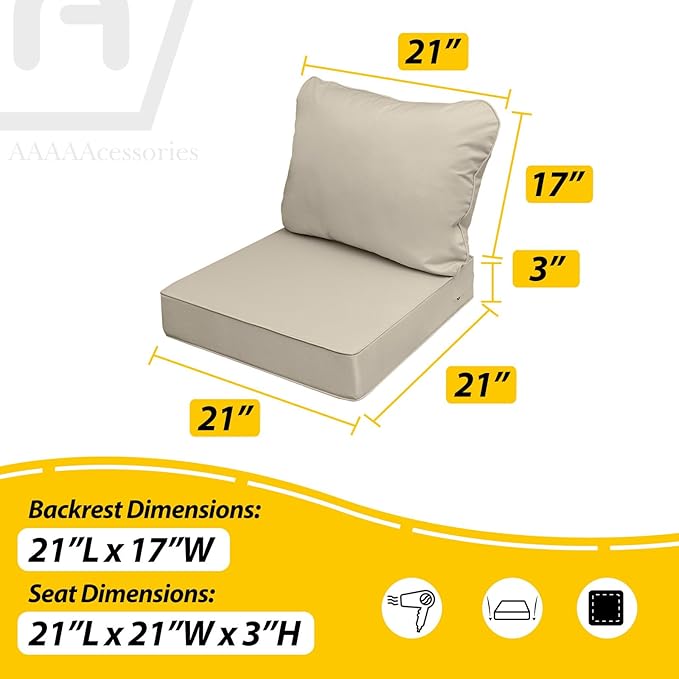 AAAAAcessories Outdoor Seat Cushions for Chairs, Fade-Resistant, Waterproof Patio Furniture Replacement Cushions, 21" x 21" x 3" + 21" x 17", Beige