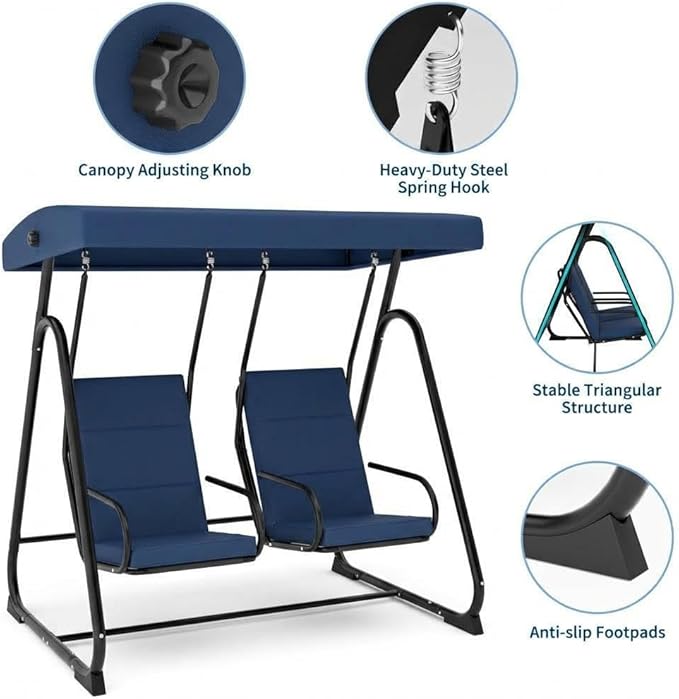 GarveeLife 2 Person Porch Swing Chair, Heavy Duty Outdoor Patio Swing Glider with Adjustable Canopy & Removable Cushions, Independent Swing Chairs for Garden, Balcony, Poolside, Backyard, Dark Blue