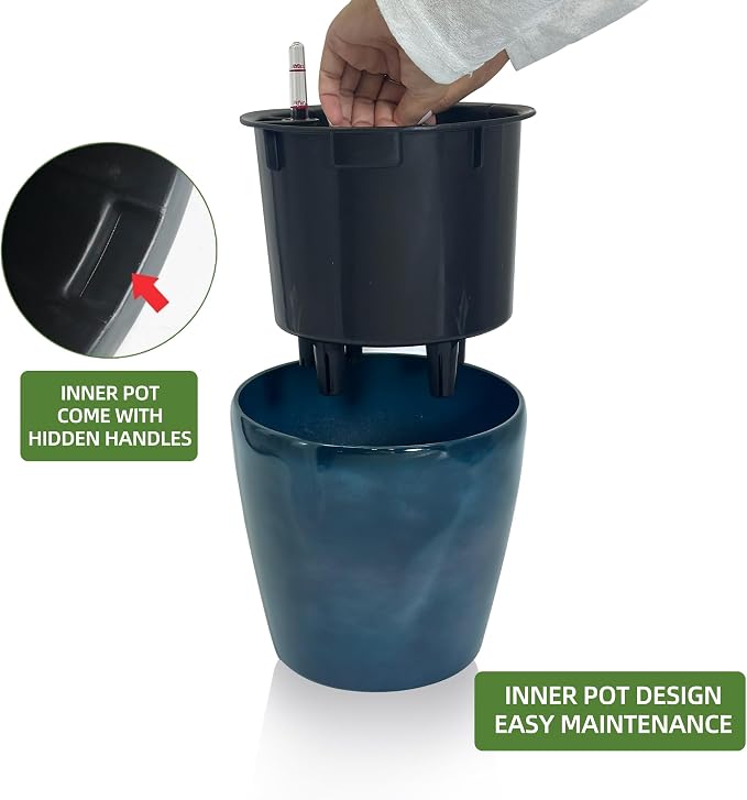 Dexceder 11x10 Self Watering Planter (Grayish Green Gradient) | Inner Pot Design, Thickened Table Flower Plant Pot with Water Level Indicator Indoor Outdoor