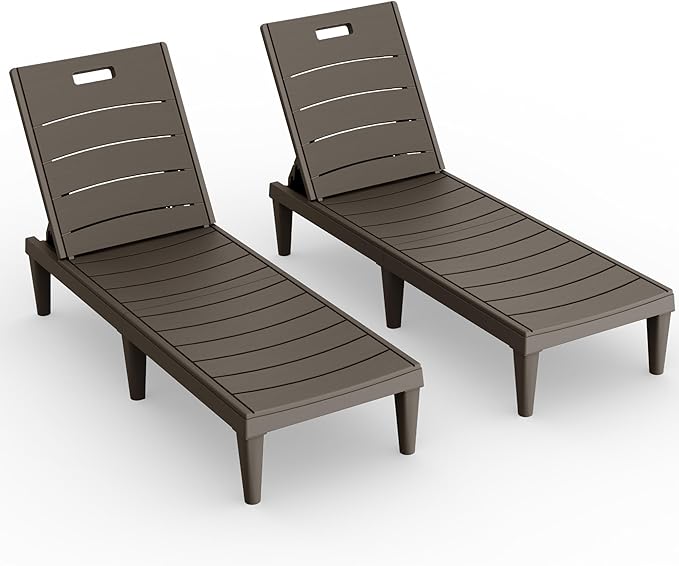 Devoko Outdoor Chaise Lounge Chair Set of 2 with 5-Position Adjustable Back, Waterproof & Lightweight PP Lounge Chairs for Outside Pool Patio (Deep Brown)