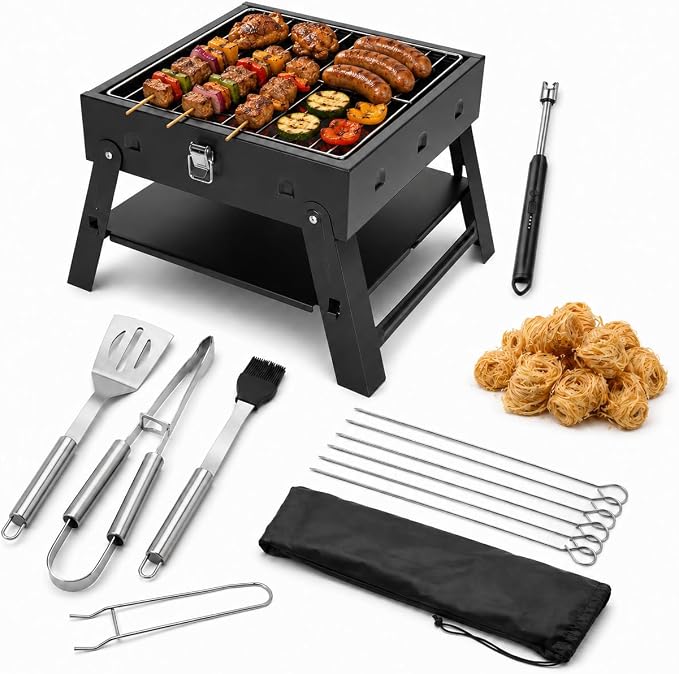 Small Portable BBQ Charcoal Grill: Mini Foldable Table Top Barbecue Grills with Fire Starter Kit and BBQ Grilling Tool Set, Fathers Day Birthday Grilling Gift for Men Dad Husband