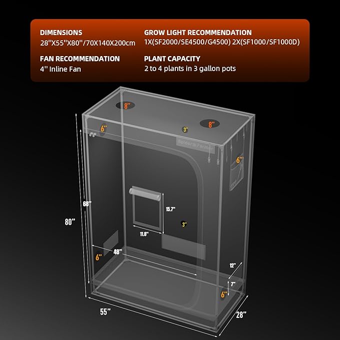 Spider Farmer 4.6x2.3 Grow Tent 2025 New, 55"x28"x80", with Hook for Controller and Power Strip, Enlarged View Window, 1680D Thicken Mylar Canvas for Indoor Hydroponic Growing SF2000, SE4500, G4500