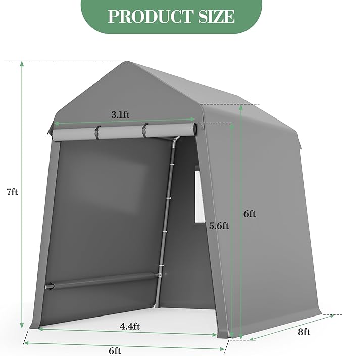 Outdoor Tarp Shed 6 X 8 Ft Portable Storage Shed with Roll-Up Door, Carport Bike Sheds ATV Storage Tent for Motorcycle, Car, Garden Tools Grey