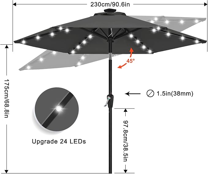 ABCCANOPY Durable Solar Led Patio Umbrellas with 24LED Lights 7.5FT (Dark Gray)