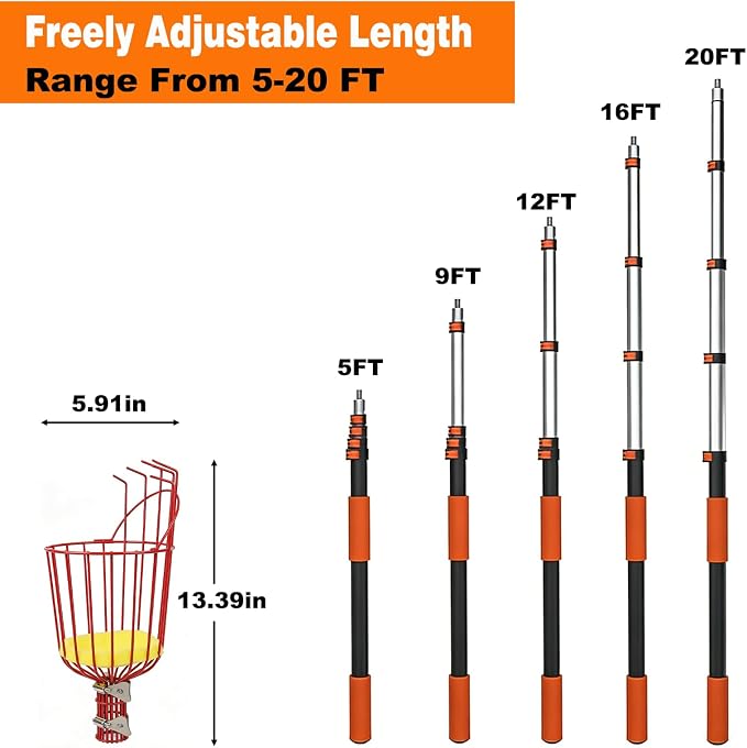 26FT Reach Fruit Picker Pole with Basket Telescoping,5-20FT Fruit Picker Pole with Basket, Apple Picker with Telescoping Long Handle, Fruit Grabber with Sturdy & Adjustable Aluminum Pole for Orange