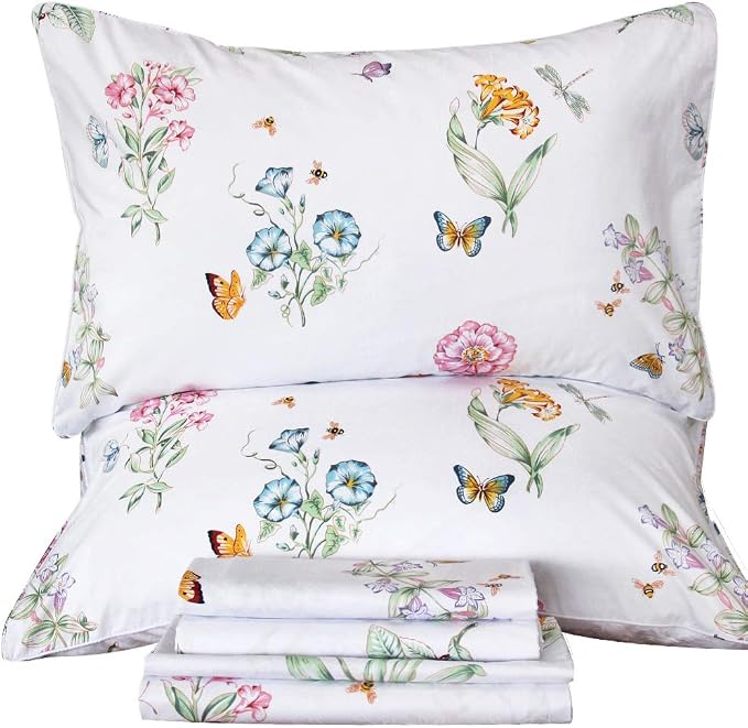 QSH Floral Queen Size Sheet Sets - Flower Butterfly Print Pattern Egyptian Cotton Printed Bedding Sheets Queen Size Bed Extra Soft and Breathable 4pcs Deep Pockets Bed Sheets