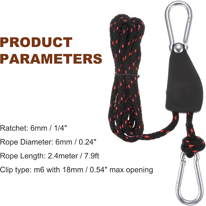 uxcell 2pcs 1/4" (6mm) Adjustable Rope Hanger with Metal Gears 7.9ft (2.4meter) Strap, Ratcheting Pulley System Bungee Cord for Hanging Plants Grow Light and Various Tie-Down Uses