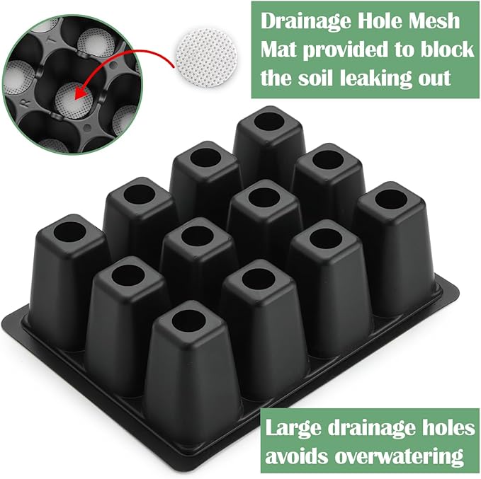 RooTrimmer 40 Pack Reusable 12-Cell Seed Starter Tray, Plant Starter Trays with Large Drainage Holes for Seed Germination, Easy to Repotted, Fits Standard 1020 Flats and TD377 Trays, Black
