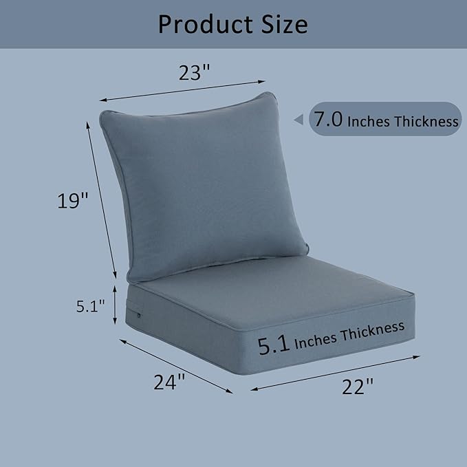 COZYVIDA Outdoor Deep Seat Cushion Set of 2, 22"x24" Seat & 23"x19" Back, C0 Water-Resistant Breathable Fabric, UV-Resistant 1000+ Hrs, 30D Foam with Recycled Fiber Fill,Light Blue