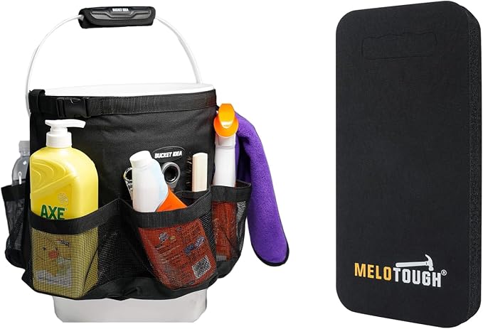 MELOTOUGH Bucket Car Wash Tool Organizer for Garden Cleaning bucket organizer Water-resistant Mesh Pockets, Garden Kneeling Pad, 1" Thick Soft NBR Foam Kneeling Pads for Gardening, Cleaning, Work