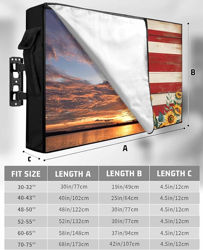 American Flag Outdoor TV Cover 30 to 32 Inch Weatherproof, Sunflowers Farmhouse 600D Oxford Cover With Waterproof Zipper, USA Flag Outside Flat Screen Protector Size 30"W x 19"H x 4.5"D