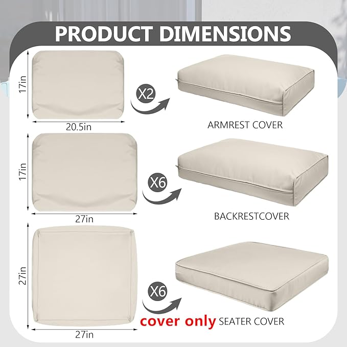 14 Piece Outdoor Patio Waterproof Cushion Covers, Fits 6-Seat Wicker Rattan Sectional Couch Chair Furniture Cover Replacement Set - Fade-Resistant Patio Cushion Covers with Zipper