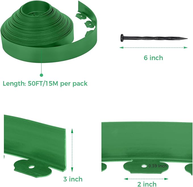 3-Inch x 100 FT Landscape Edging Border Kit with 150 Stakes, Plastic Garden Edging Border, Flexible No Dig Lawn Edging Border for Garden Flower Beds Yard Pathway Paver (Green)