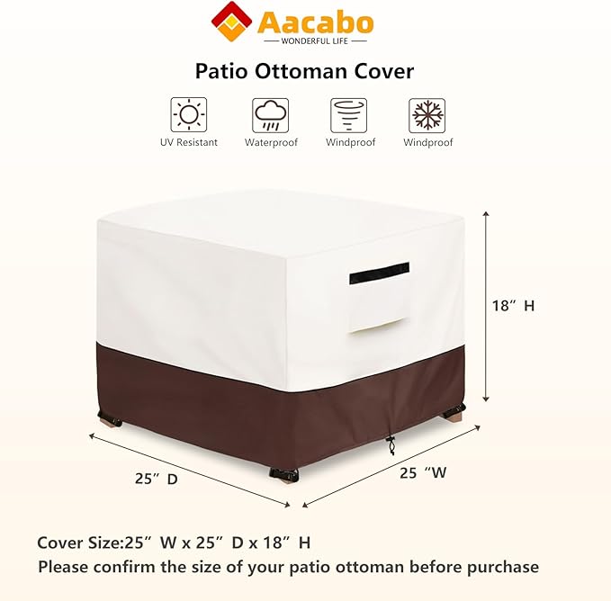 Patio Ottoman Cover,25W x 25D x 18H inch,Waterproof Square Patio Small Side Table Cover,Suitable for 3-Piece Outdoor Wicker Patio Bistro Set Side Table(Beige)