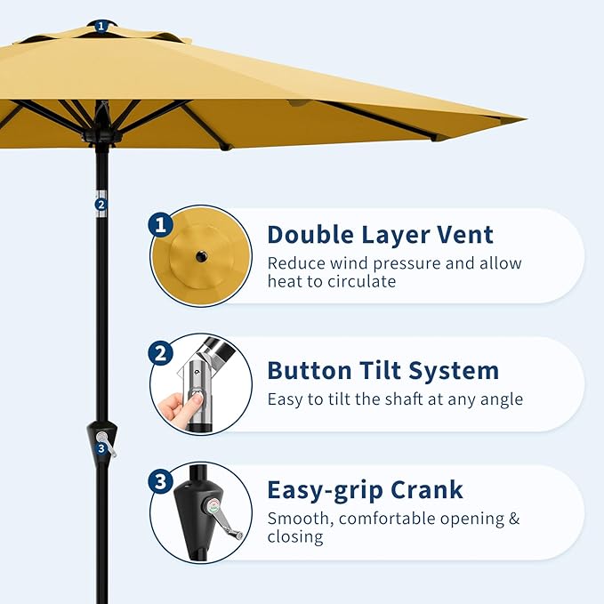 GarveeLife 10FT Umbrella Outdoor Patio, Table Umbrella with Push Button Tilt and Crank, 8 Sturdy Ribs Waterproof UV Protection for Garden, Pool, Deck, Backyard, Market (Yellow)