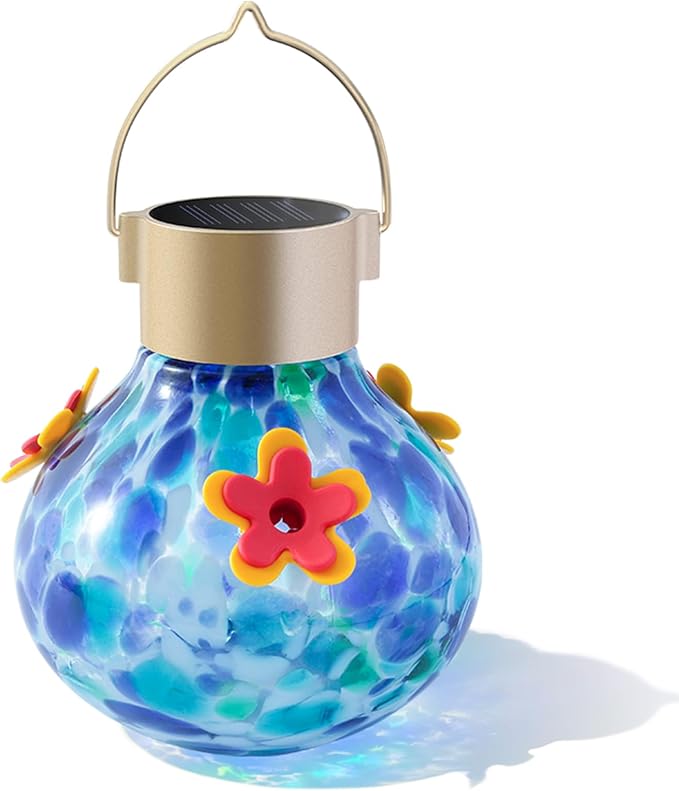 Solar Glass Hummingbird Feeder Outdoors Hanging, Waterproof 3 Feeding Ports, Auto Light Up Garden Decor, Ideal Bird Lover Gift, Blue (Mixed Red & Orange)