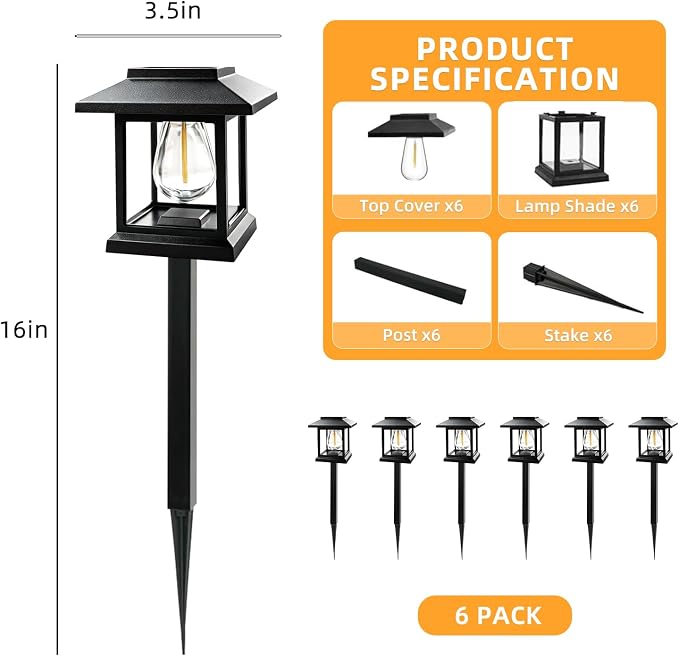 6-Pack Solar Pathway Lights - High-Efficiency Polycrystalline Panels for All-Night Glow - IP65 Waterproof Outdoor Landscape Lighting for Garden, Walkway & Driveway Security (Black)