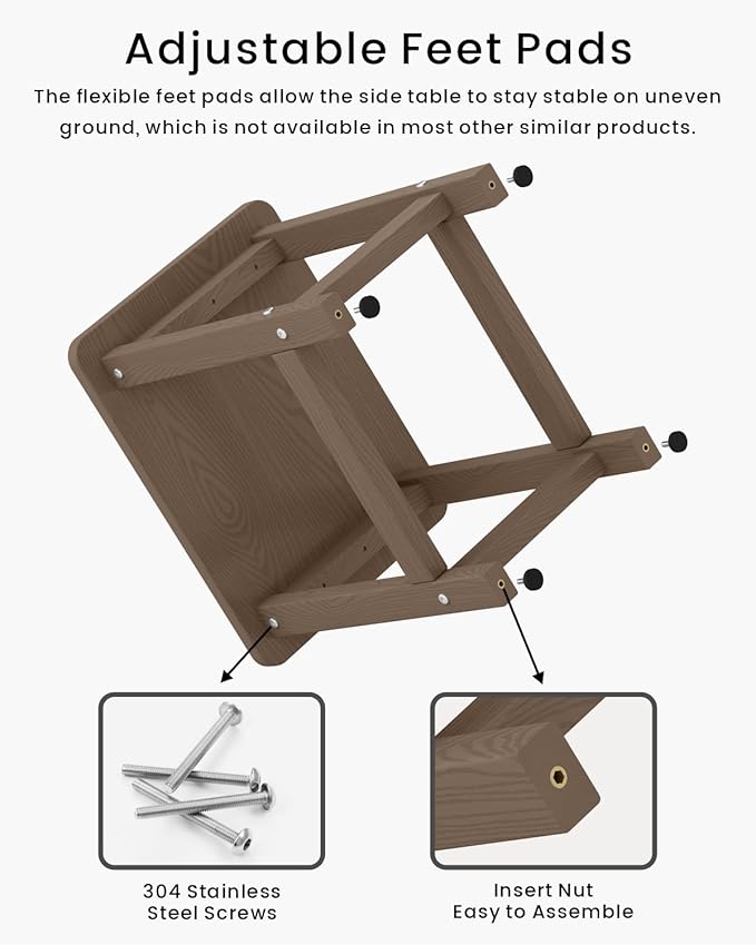 Weatherproof Outdoor Side Table, HDPE Small Outdoor Table for Adirondack, 16.6-Inch Patio Square End Tables for Garden, Backyard, Porch, Deck, Balcony, Poolside (Brown)