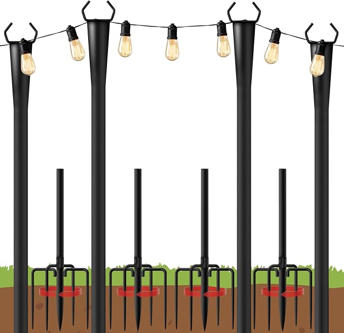 10Ft String Light Poles 4 Pack for Outside, Metal Outdoor Light Poles with 5 Prongs for Garden Patio Backyard Deck, Fence Bracket Hanging Light for Party Wedding Decor