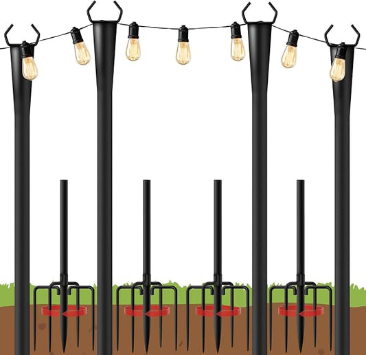 10Ft String Light Poles 4 Pack for Outside, Metal Outdoor Light Poles with 5 Prongs for Garden Patio Backyard Deck, Fence Bracket Hanging Light for Party Wedding Decor