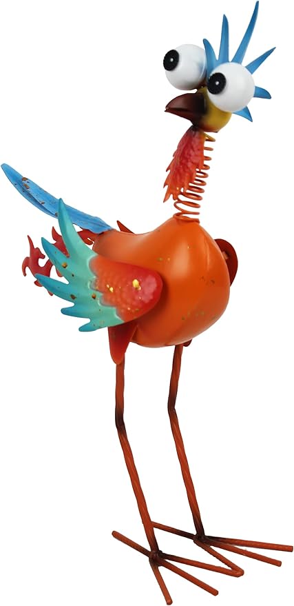 Metal Wacky Rooste Garden Statue, 17.9‘’ Rooster Decor Yard Statue Decorations Outdoor, Chicken Yard Art for Outside, Patio, Backyard, Lawn (Orange & Cyan)
