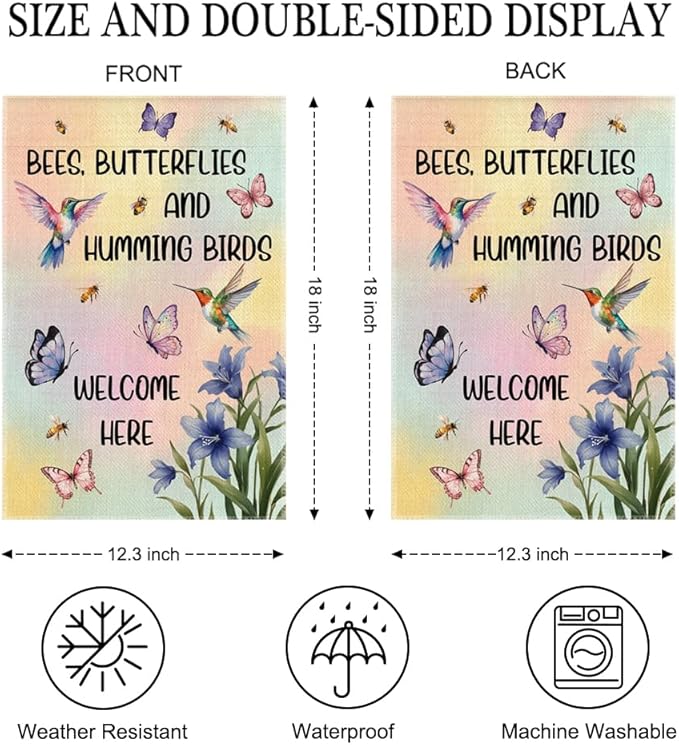 Bees Butterflies And Hummingbirds Welcome Here Garden Flag Double Sided Yard Outdoor Decoration 12x18 Inch, Gardening Outdoor Patio Decoration Garden Flag, Bird and Plant Lover Yard Sign