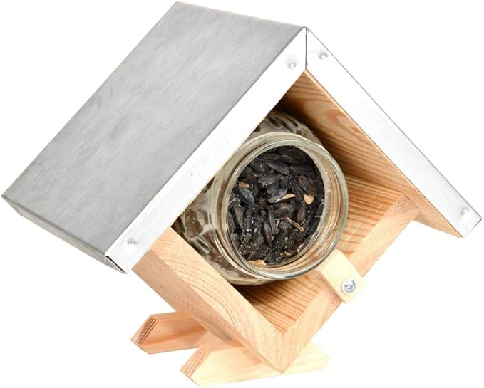 Esschert Design FB460 House-Shaped Wood Bird Feeder, Feeds One Jar of Peanut Butter, Galvanized Metal Roof