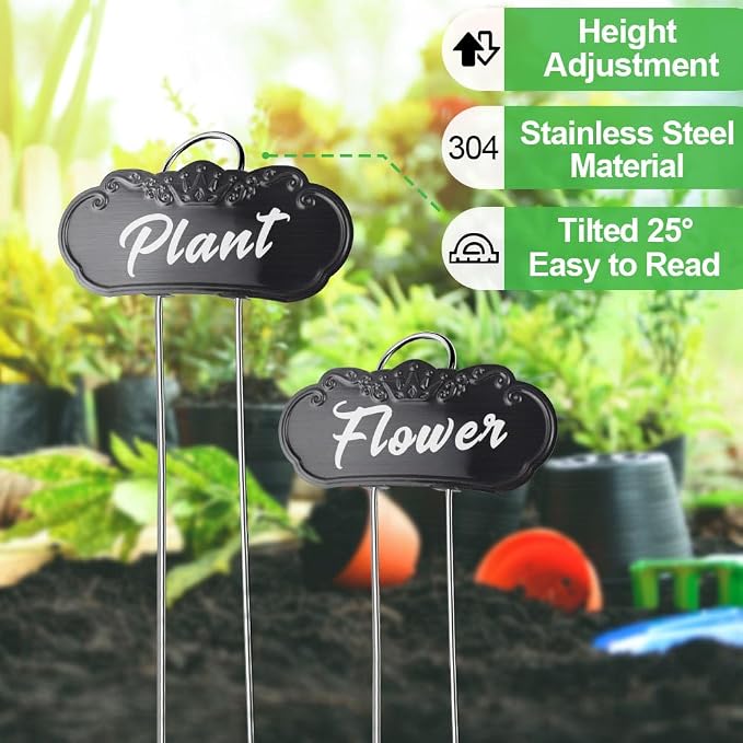30 Packs Metal Plant Labels, Tall Outdoor Garden Markers for Flowers, Fruits and Vegetables, 304 Stainless Steel Weatherproof Signs (4" x 1.9", Silver, Black and Gold)