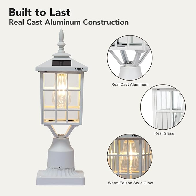 ST4224Q-W Solar Post Light Outdoor Led Squared Frame Fixture with 3" Pier Mount Base for Garden Street Pole Landscape Yard Driveway Entryways (White)