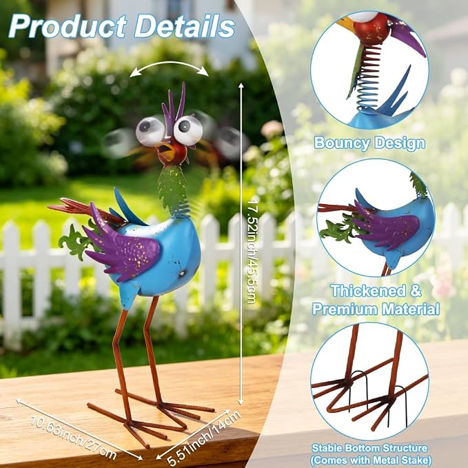 Metal Wacky Rooste Garden Statue, 17‘’ Rooster Decor Yard Statue Decorations Outdoor, Chicken Yard Art for Outside, Patio, Backyard, Lawn (Blue & Purple)