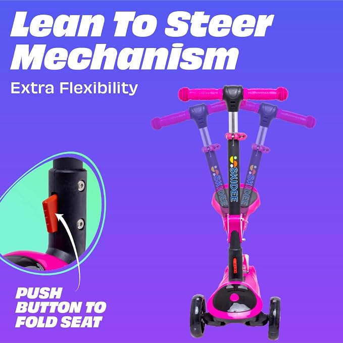 SKIDEE Kick Scooter for Kids Ages 3-5 | Foldable 3 Wheel Scooter with Lean-to-Steer, Adjustable Height, Removable Seat & LED Light Wheels | Toddler Scooter Up to 12 Year Old Boys/Girls
