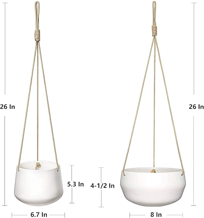 Mkono Ceramic Hanging Planter and Wall Hook Hanging Plant Bracket, Modern Plant Pot Geometric Porcelain Hanging Basket with Polyester Rope Hanger