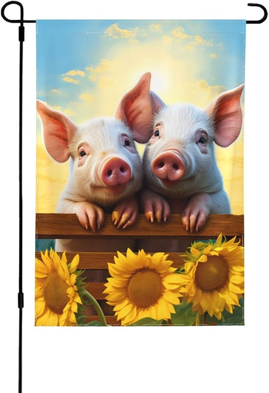 Delerain Two Pig Sunflower Garden Flag, 12.5 x 18 Inch Double Sided Design Weather Resistant Indoor & Outdoor Decoration Small Banner For Home Yard Lawn Patio Office