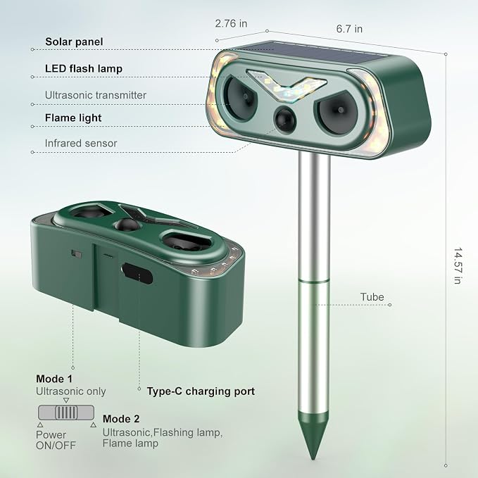 2026 1 Pack Solar Ultrasonic Animal Repellent Outdoor, Cat Repellent Outdoor with Motion Detection, Rabbit for Yard Garden Farm, Rabbit,Squirrel,Deer,Raccoon,Skunk,Rodent Animal Repeller, Green