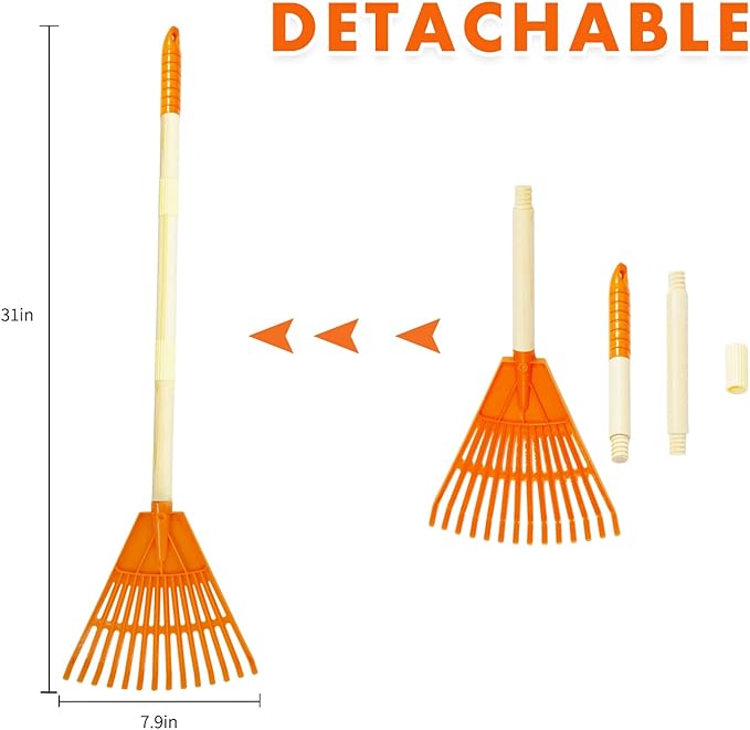 4Pcs Kid Rakes, 31" Child Size Plastic Lawn Rakes for Leaves Wooden Handle, Great Gardening Tools Gifts for Boys Girls Age 3 Year Old and Up