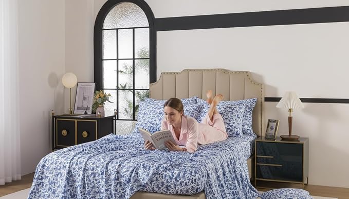 FADFAY Twin XL Blue Toile Sheets Set Dorm Room Essential Bedding 100% Egyptian Cotton Soft Breathable Sheets Blue Butterfly French Country Vintage Farmhouse Sheet, Extra Long for College Bedding 4Pcs