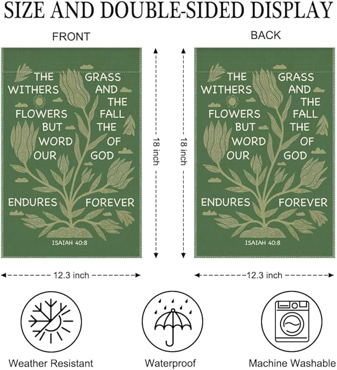 The Grass Withers And The Flowers Isaiah 40:8 Garden Flag Double-Sided Yard Outdoor Decoration 12x18 Inch, Bible Verse Christian Home Banner, Baptism Garden Flag Gifts for Family Friends