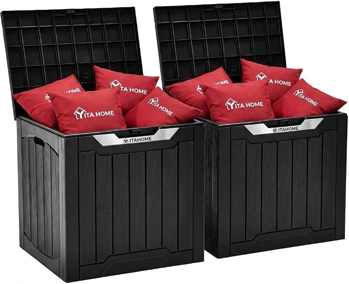 YITAHOME 31 Gallon Deck Boxes Set of 2, Lockable Outdoor Storage Bins with Silver Decorative PVC Trim Panels for Patio Cushions, Garden Tools, Weather-Resistant Resin Storage Solution, Black & Silver