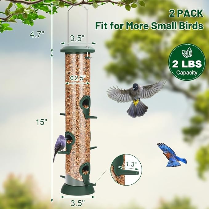 FEED GARDEN 2 Pack Tube Bird Feeders for Outdoors Hanging - Premium Hard Plastic Wild Bird Feeder with 6 Ports, Easy Refill & Clean, 15 Inch, Green