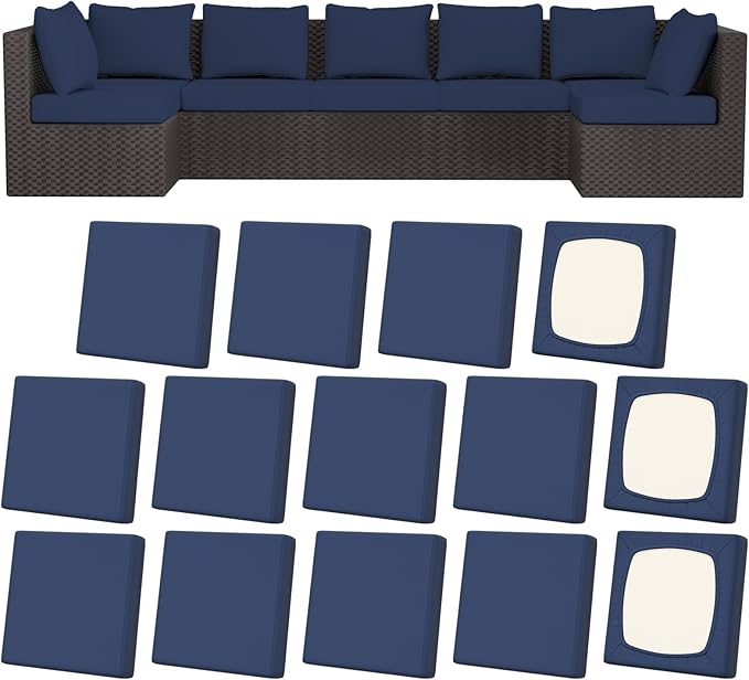 14Pcs Patio Stretch Cushion Covers, Outdoor Couch & Sofa Replacement Slipcovers for Patio Furniture Cushion Covers, Washable Reusable Furniture Protector, Square Large, Navy Blue