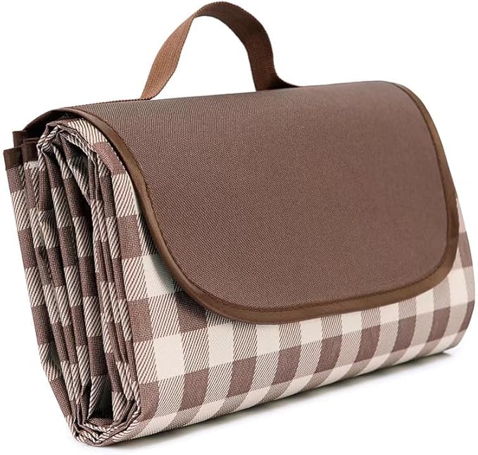Wind Tour Waterproof Picnic Blanket with Carry Strap - Foldable Sandproof Outdoor Mat for Camping, Beach, Park - 59" x 71",Coffee Grid (Single Mat)