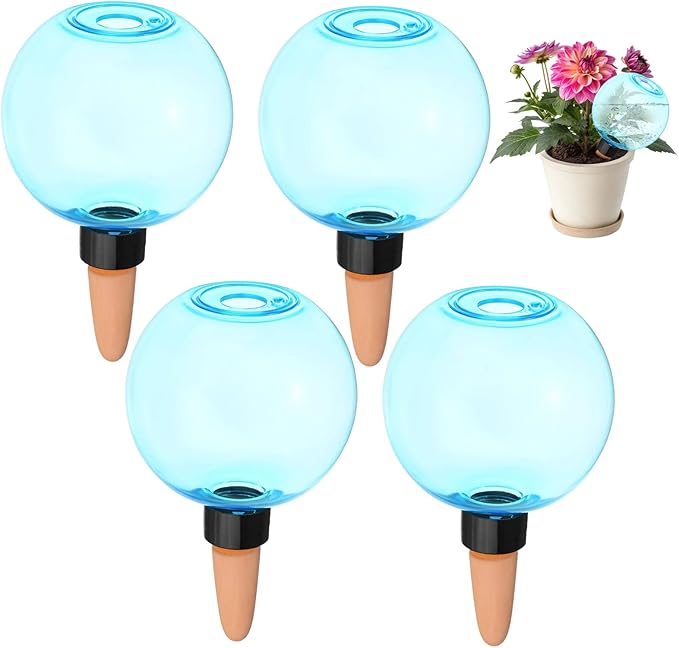 M METERXITY 4-Pack Plant Self Watering Globes, 6.9 oz Plastic Bubble Water Bulbs Top Fill for Indoor/Outdoor Plants, Self Watering Spikes Slow Release Terracotta [Blue]
